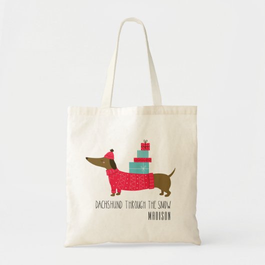 Tote Bag Dachshund À travers la neige Noël Chien Nom de pla (Devant)