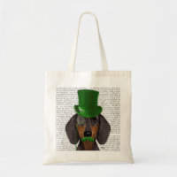 Dachshund avec Chapeau Vert Haut Chapeau Noir Tan