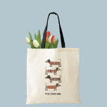 Tote Bag Dachshund Sausage Chien Personnalisé<br><div class="desc">Amusants petits Dachshund Sausage ou des chiens Wiener en tricot confortable. Parfait pour les amoureux de les chiens. Art original de Nic Squirrell. Modifiez le nom pour customiser.</div>