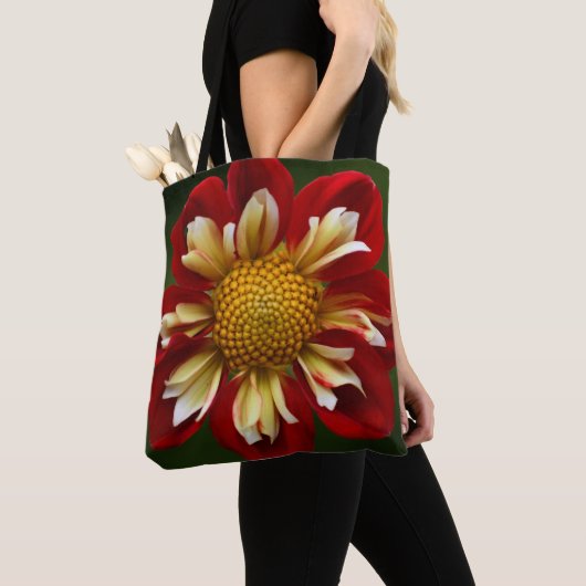 Tote Bag Dahlia floral à collerette rouge (De près)