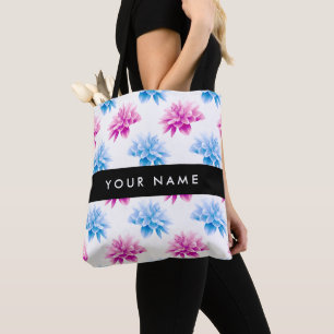 Tote Bag Dahlia rose et bleu, motif floral, Votre nom