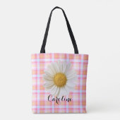 Tote Bag Daisy et nom personnalisé sur Motif rose plaid Fou (Dos)