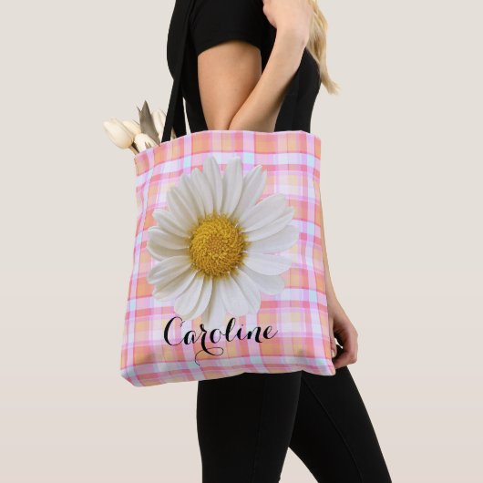Tote Bag Daisy et nom personnalisé sur Motif rose plaid Fou (De près)