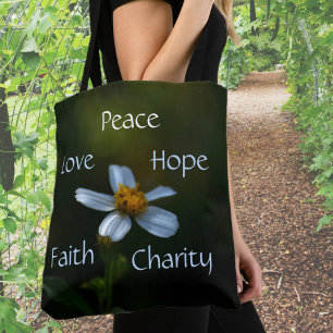 Tote Bag Daisy Peace Love Hope Faith Charity Floral Green