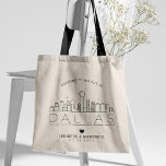 Tote Bag Dallas, Mariage du Texas | Skyline stylisée<br><div class="desc">Un sac fourre-tout mariage unique pour un mariage qui se déroule dans la ville de Dallas,  Texas. Cette fourre-tout présente une illustration stylisée de l'horizon unique de la ville avec son nom en dessous. Ceci est suivi par vos informations de jour de mariage dans un style ouvert assorti.</div>