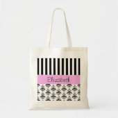 Tote Bag Damas français, bandes, noir et blanc, Votre nom (Devant)