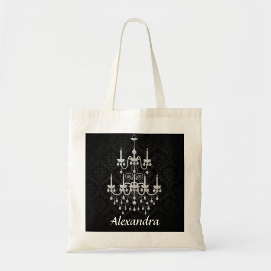 Tote Bag Damassé noire et blanche de lustre avec le nom (Devant)