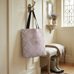 Tote Bag Damassé rose pâle avec cœur