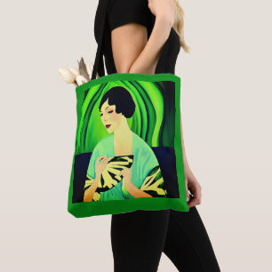 Tote Bag Dame Art déco avec ventilateur en Jade Green