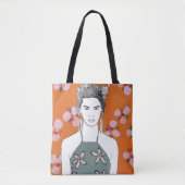 Tote Bag Dame aux fleurs roses - Orange (Devant)
