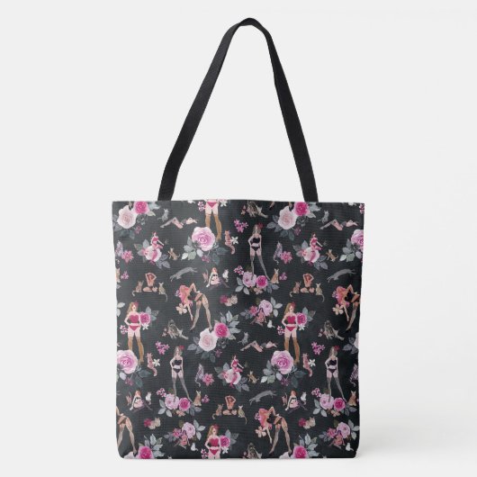 Tote Bag DAME CHAT FLORAL Rose Chaud (Devant)