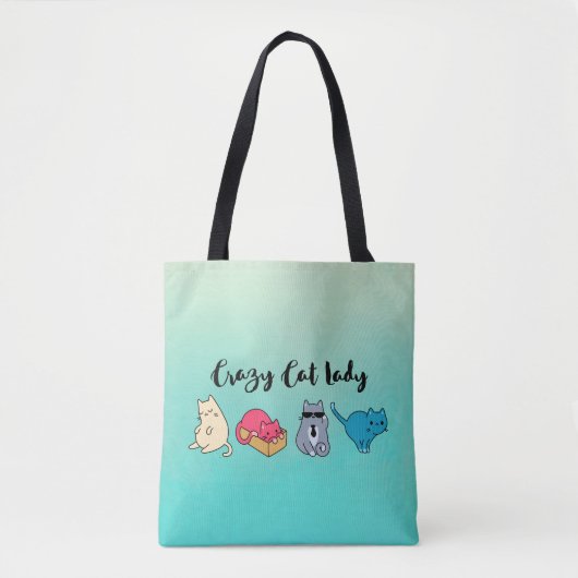 Tote Bag Dame du chat fou et 4 chats mignons (Devant)