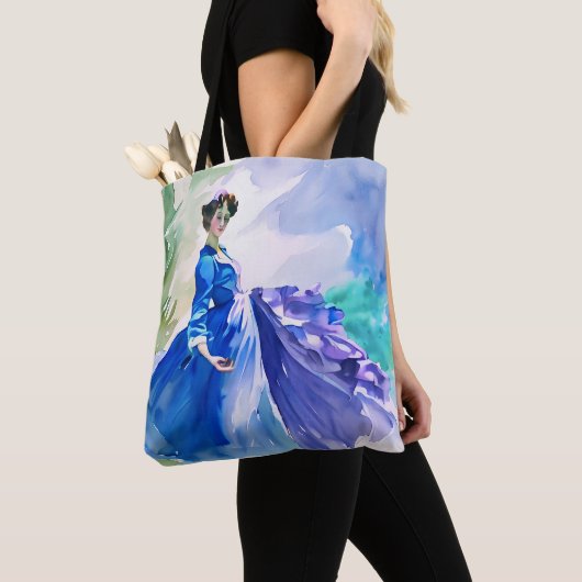 Tote Bag Dame en Robe Bleue - Peinture aquarelle (De près)