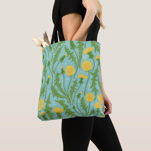 Tote Bag Dandelions, vert, jaune et bleu (De près)