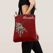 Tote Bag Dark Red with Watercolor Leaves & Berries Named (De près)