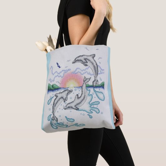 Tote Bag Dauphins Jouer Sunrise Ocean Beach Sunset (De près)