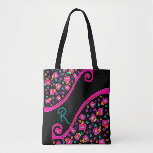 Tote Bag DECO Monogramme bleu rose Carrés verts en noir (Devant)