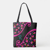 Tote Bag DECO Monogramme bleu rose Carrés verts en noir (Dos)