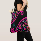 Tote Bag DECO Monogramme bleu rose Carrés verts en noir (De près)