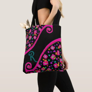 Tote Bag DECO Monogramme bleu rose Carrés verts en noir