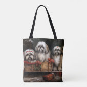 Tote Bag Décor de Noël Lhasa Apso Snowy Sleigh (Dos)