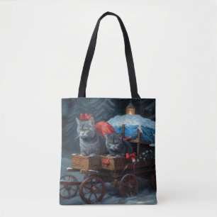 Tote Bag Décor de Noël Oriental Blue Cat Snowy Sleigh