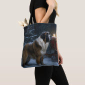 Tote Bag Décor de Noël Saint Bernard Snowy Sleigh (De près)
