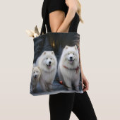 Tote Bag Décor de Noël Samoyed Snowy Sleigh (De près)