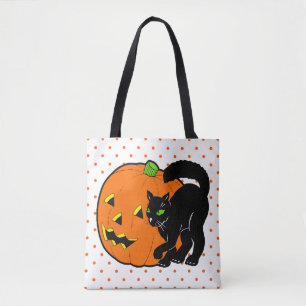 Tote Bag Décor Halloween vintage Chat noir Citrouille