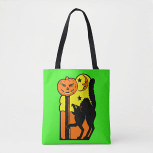 Tote Bag Décoration vintage Halloween Chat Noir Citrouille