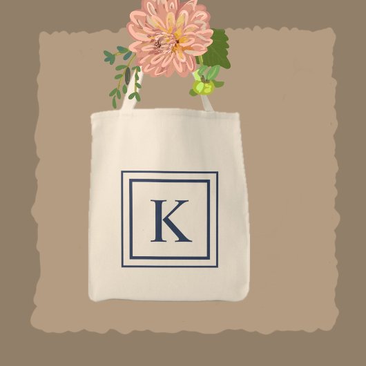 Tote Bag Deep Navy And White Square Border Monogram