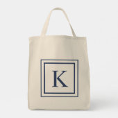 Tote Bag Deep Navy And White Square Border Monogram (Dos)