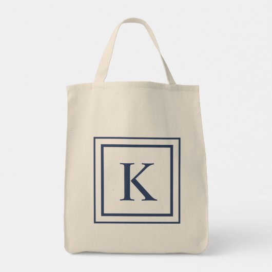 Tote Bag Deep Navy And White Square Border Monogram (Dos)