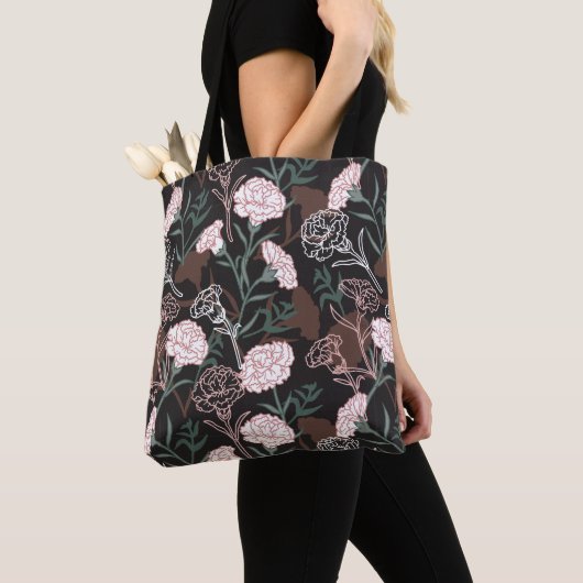 Tote Bag Délicates oeillets roses avec fleurs Feuilles vert (De près)
