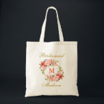 Tote Bag Demoiselle d'honneur de corail florale de<br><div class="desc">Sac fourre-tout floral de corail à demoiselle d'honneur de monogramme d'or d'aquarelle</div>
