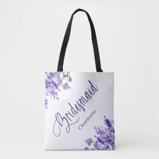 Tote Bag Demoiselle d'honneur fleurs lavande violettes écri (Devant)