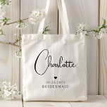 Tote Bag Demoiselle d'honneur Mariage Écriture Simple Moder<br><div class="desc">Sac de tote personnalisé avec le nom de demoiselle d'honneur, écriture calligraphique simple et moderne, pour mariage, avec le nom de votre demoiselle d'honneur en élégante écriture calligraphique noire accentuée d'un simple cœur d'amour avec l'ajout de votre texte personnalisé tel que la date et demoiselle d'honneur. Les couleurs du texte...</div>
