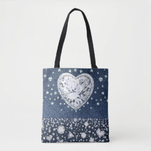 Tote Bag Denim Bleu Jean & Diamants Bling Cœur de Diamant