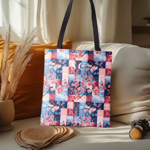 Tote Bag Denim et patchwork floral avec fleurs de cerisier