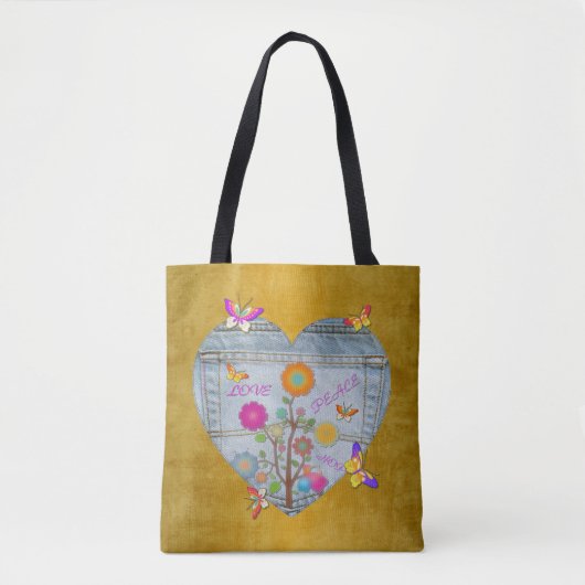 Tote Bag Denim Pocket Fleurs cardiaques Papillons (Devant)