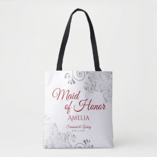 Tote Bag Dentelle d'argent Rouge et blanc Maid of Honor Mar