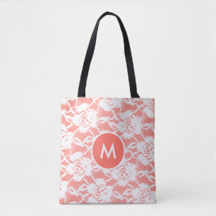 Tote Bag Dentelle de Chantilly vintage blanche corail monog
