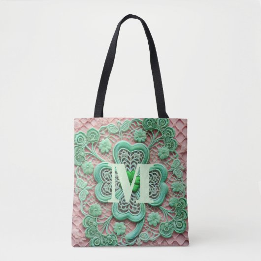Tote Bag Dentelle monogramme vert trèfle Saint-Patrick (Devant)