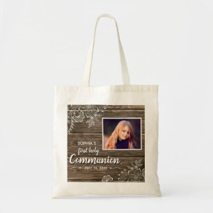 Tote Bag Dentelle rustique en bois Première sainte communio