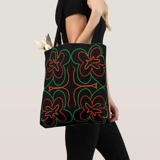Tote Bag Design Abstrait de fleurs vertes et oranges (De près)