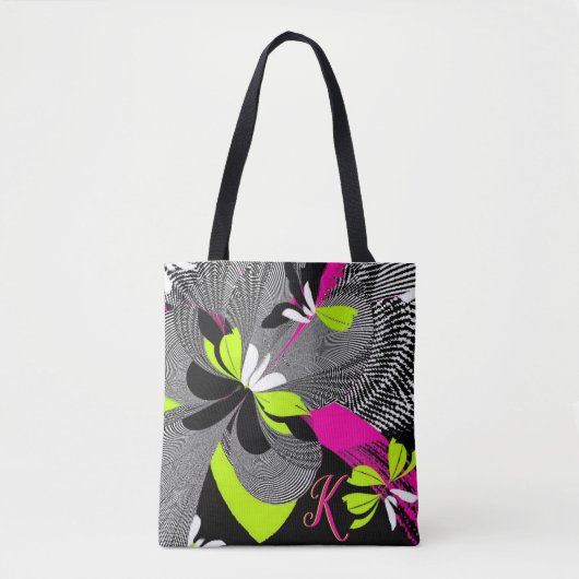 Tote Bag Design Art Déco élégant Noir & Rose Chaud Monogram (Devant)