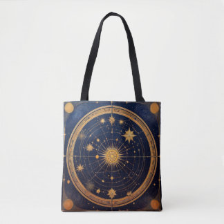 Tote Bag Design céleste doré avec Soleil et Orbites