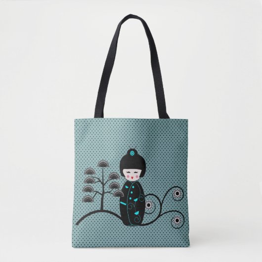 Tote Bag Design de poupée japonaise sur le point bleu noir (Devant)