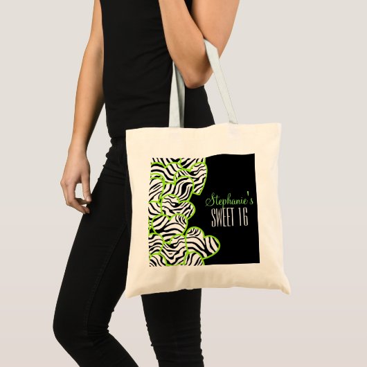 Tote Bag Design élégant Green Sweet 16 Zebra Heart Design N (Devant (produit))
