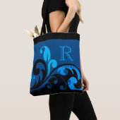 Tote Bag Design fleuri bleu avec Monogramme (De près)